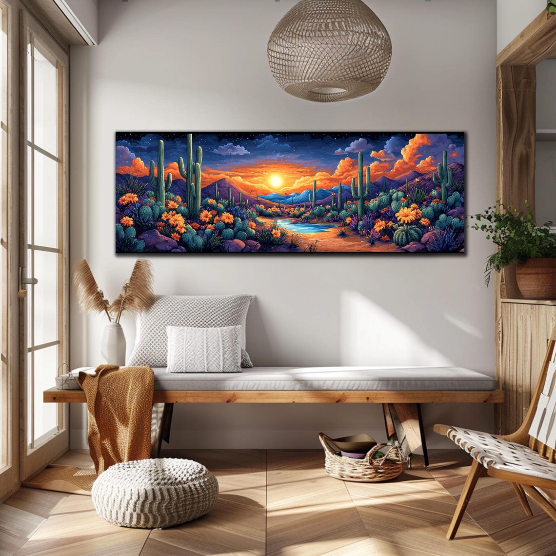 Blooming Desert Sunset Saguaro Cacti Wildflowers Pond Panoramic Poster - Image 4