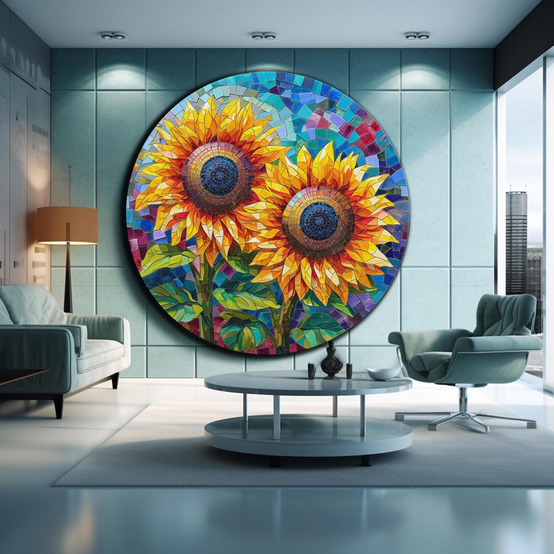 Bright Sunflower Mosaic Round Blue Tile Floral Wall Art Poster - Image 2