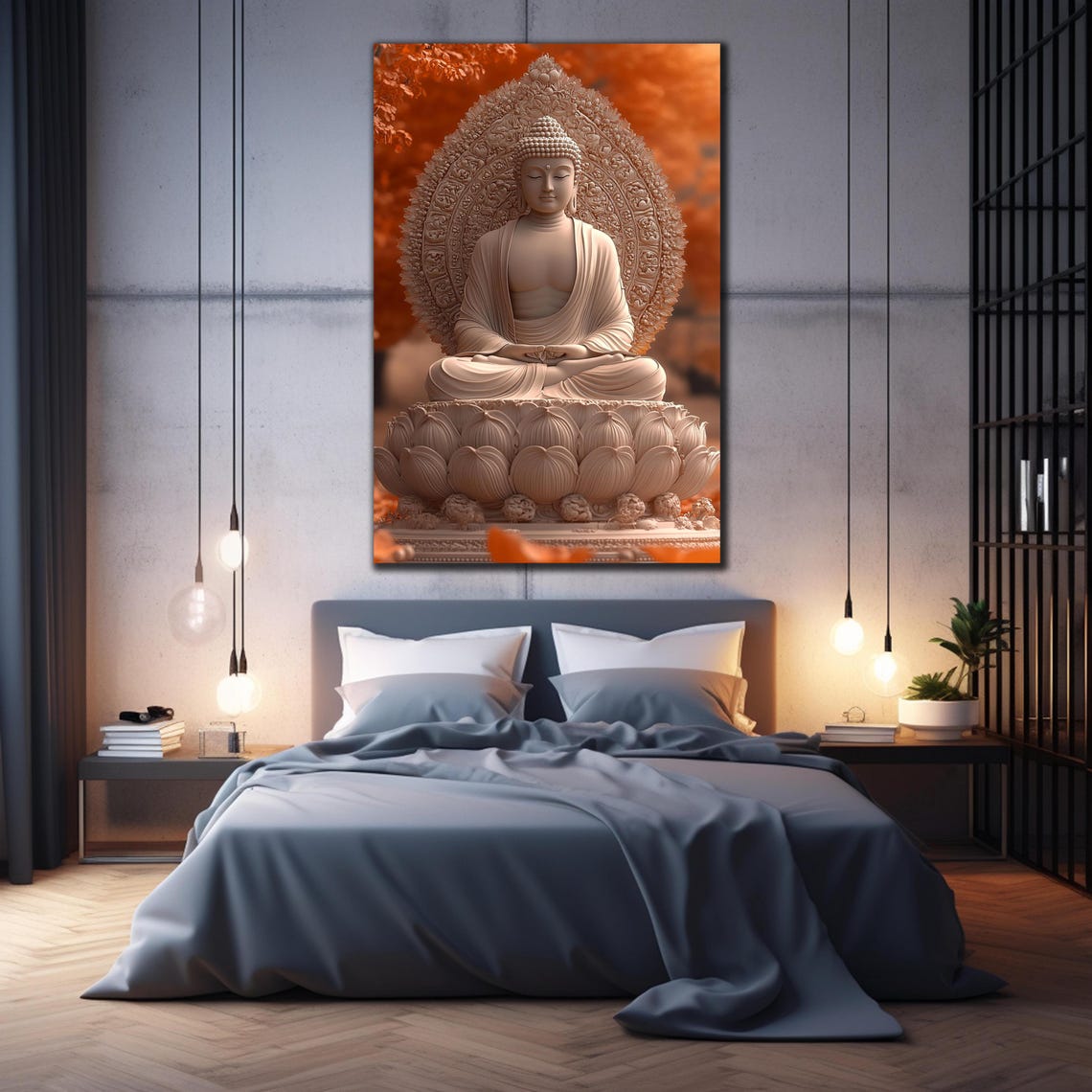 White Buddha Statue Lotus Autumn Orange Calm Zen Wall Art Poster - Image 2