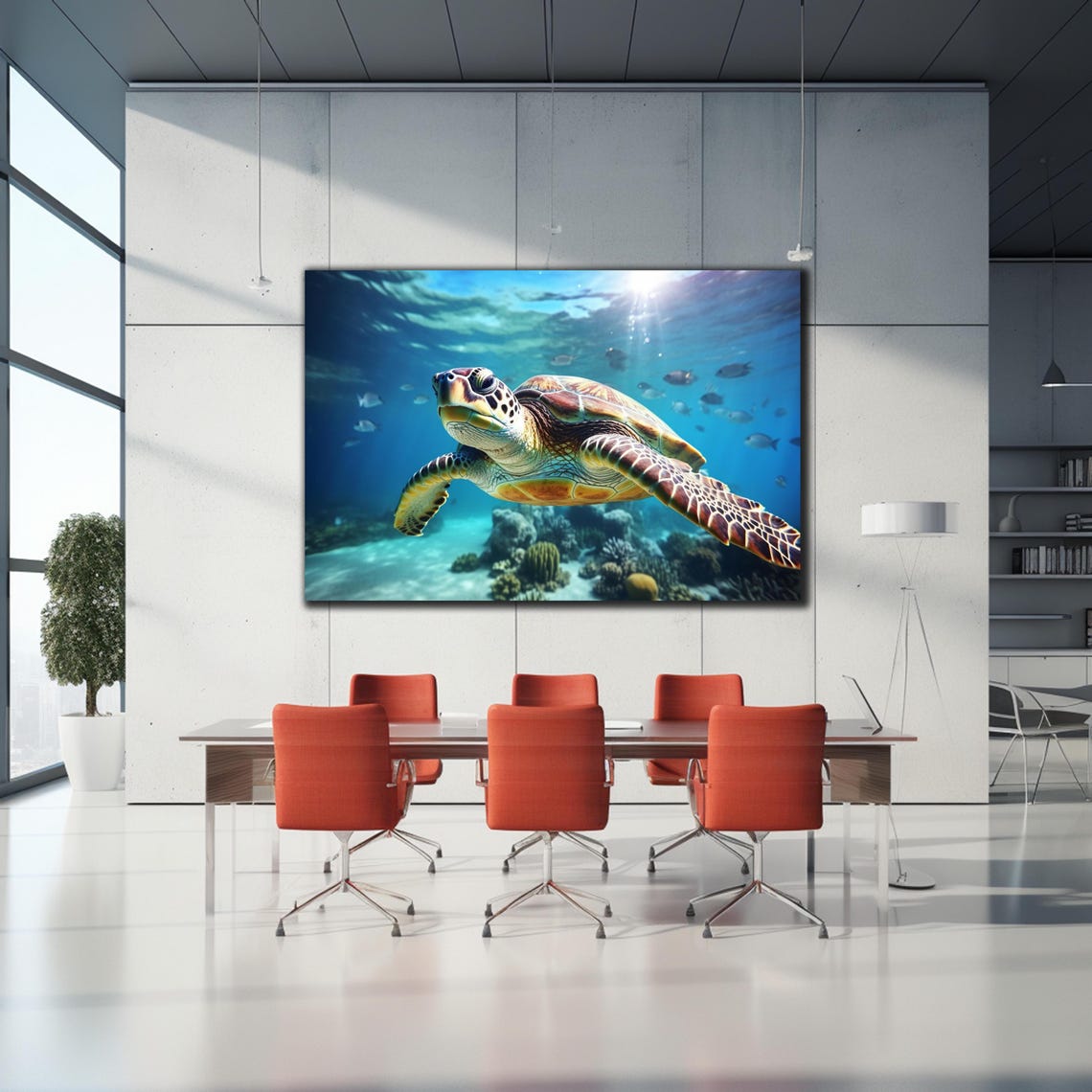 Green Sea Turtle Swimming Coral Reef Sunlit Blue Ocean Water Print - Image 2