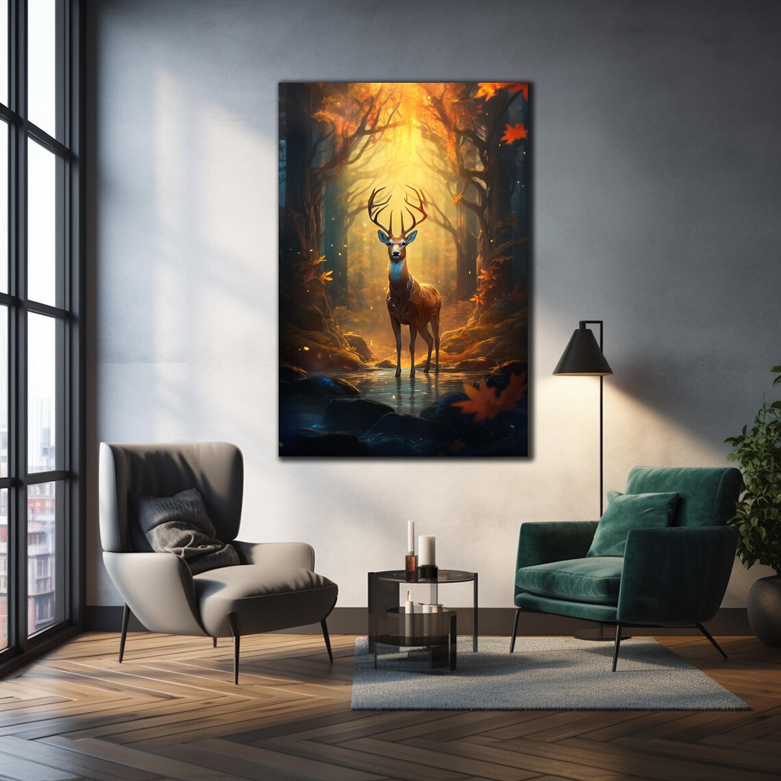 Stag Standing Water Glass Wall Art Enchanted Autumn Forest Golden Light Print - Image 3