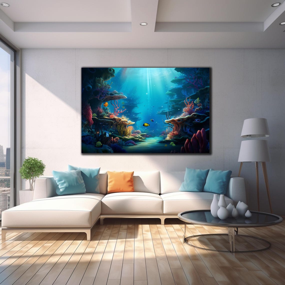 Underwater Coral Reef Sunlit Rock Arches Tropical Fish Scene Poster - Image 4