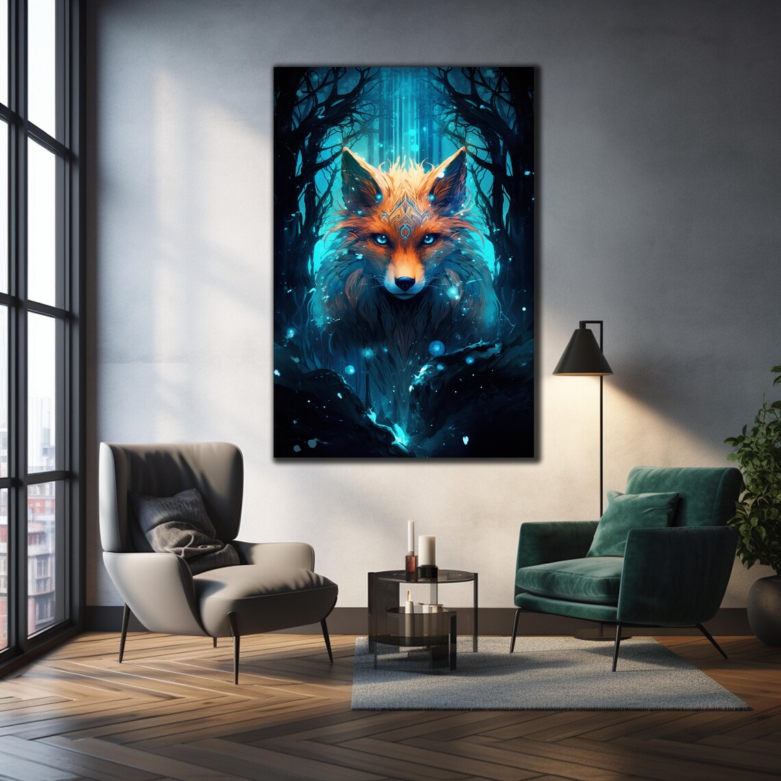 Mystical Fox Spirit Teal Forest Fantasy Animal Night Wall Art Poster - Image 3