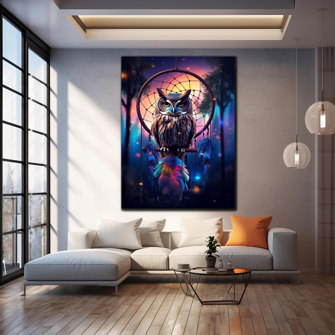 Owl Dreamcatcher Dusk Forest Night Lights Mystical Bird Art Poster - Image 4