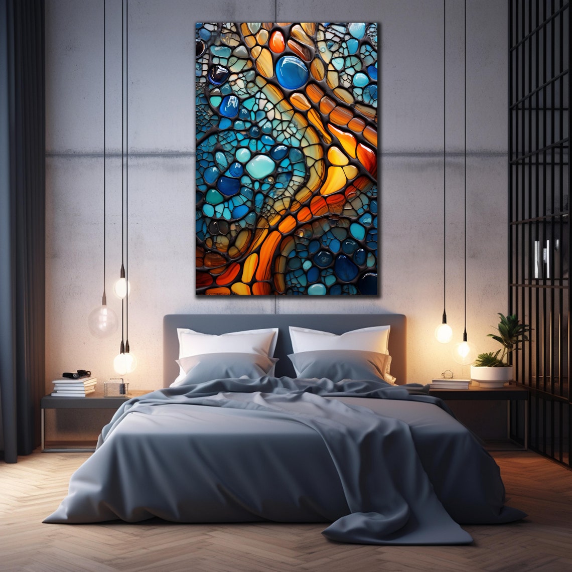 Teal Orange Glass Stone Mosaic Webbed Abstract Wall Art Poster - Image 4