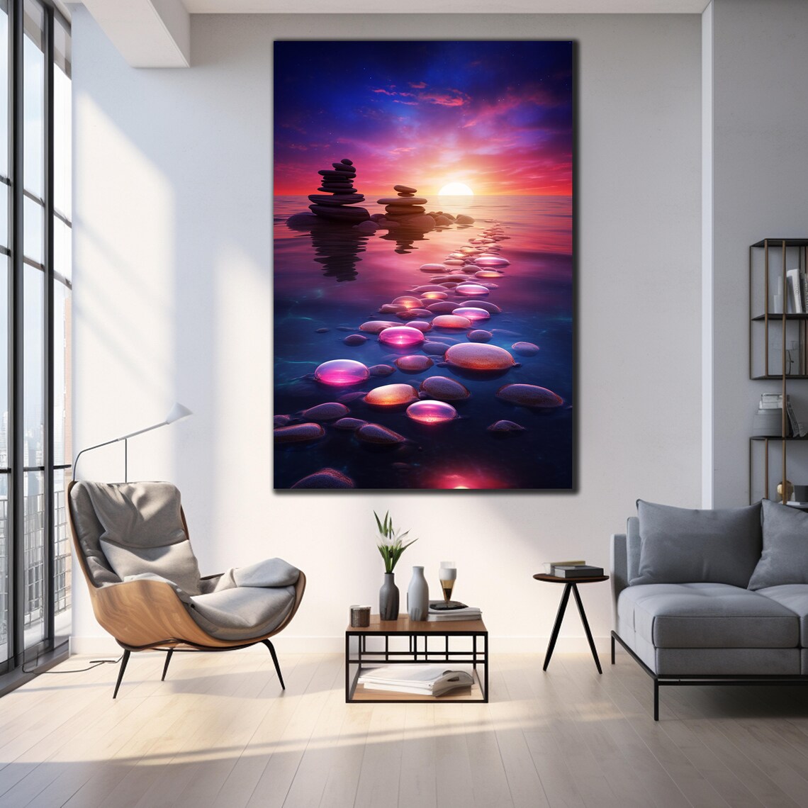 Zen Stone Cairns Sunset Glowing Pebbles Calm Water Spa Travel Poster - Image 3