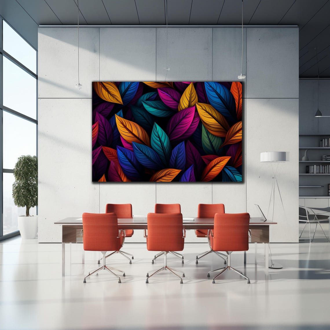 Large Rainbow Leaves on Black Bold Botanical Pattern Modern Poster - Image 2