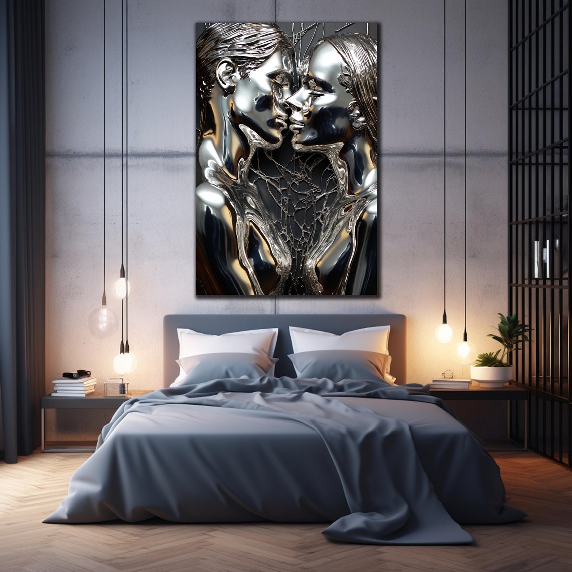 Silver Chrome Kissing Couple 3D Effect Romantic Love Wall Art Poster - Image 2