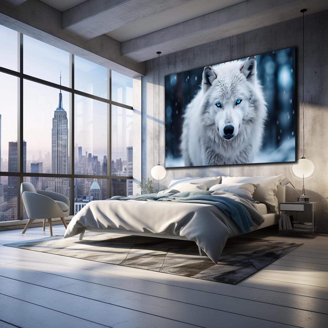 White Wolf Blue Eyes Snow Portrait Wild Animal Winter Wall Art - Image 3