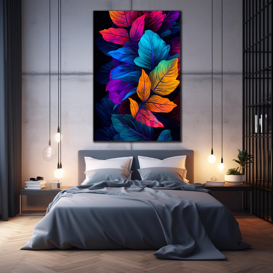 Colorful Neon Leaf Stained Glass Art Black Background Botanical Poster - Image 2