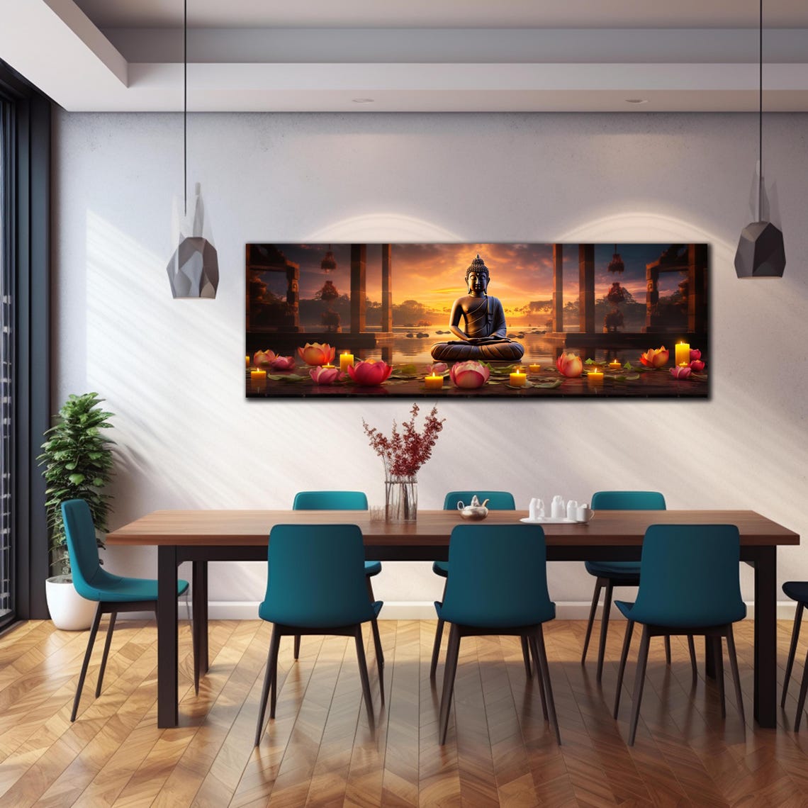 Buddha Sunset Temple Floating Lotus Candles Panoramic Wall Art - Image 3