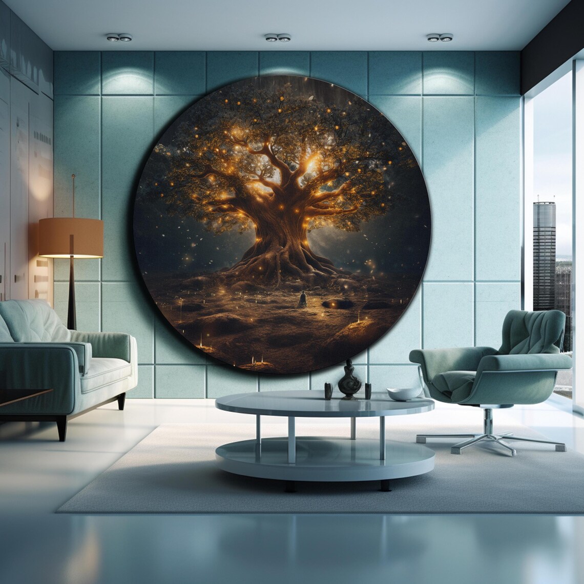 Enchanted Golden Tree Of Life Night Glow Lone Figure Round Wall Art - Image 2