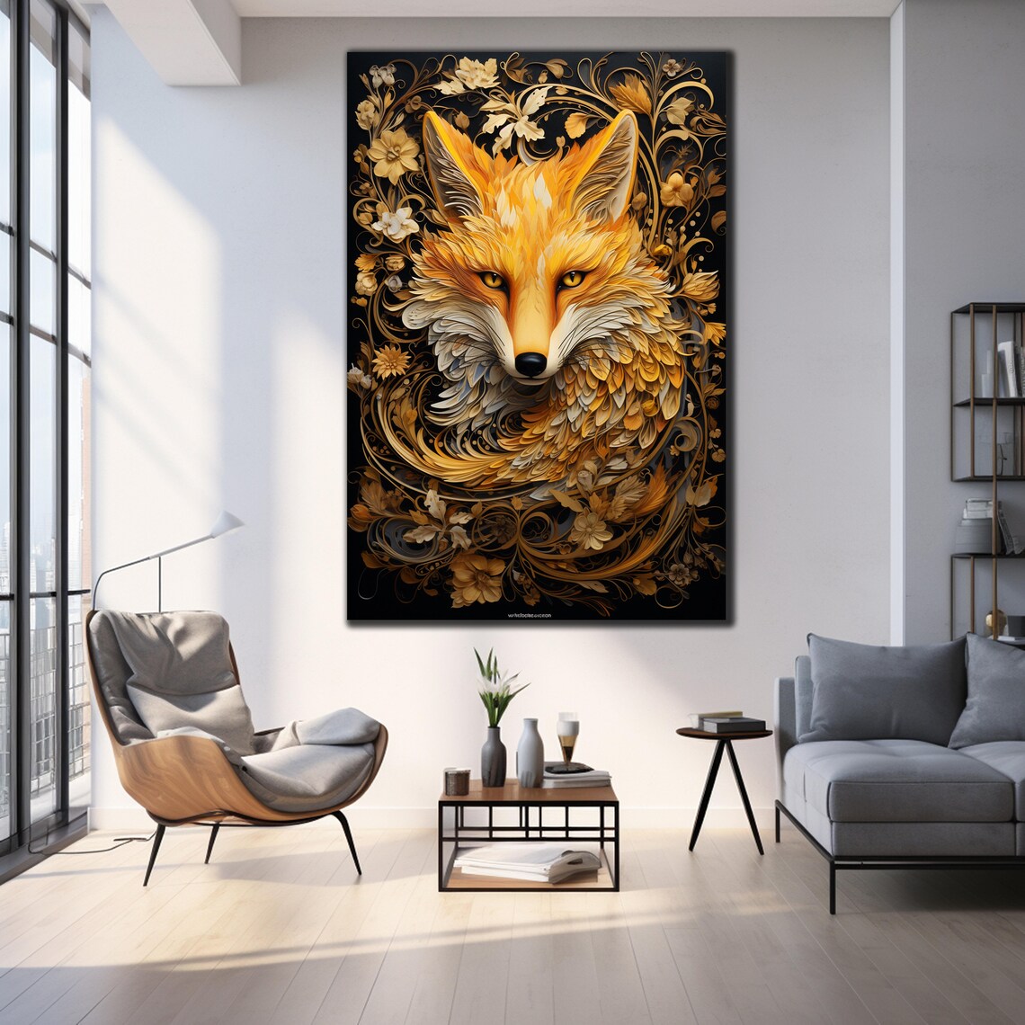 Golden Fox Ornate Floral Black Background Luxury Animal Art Poster - Image 3