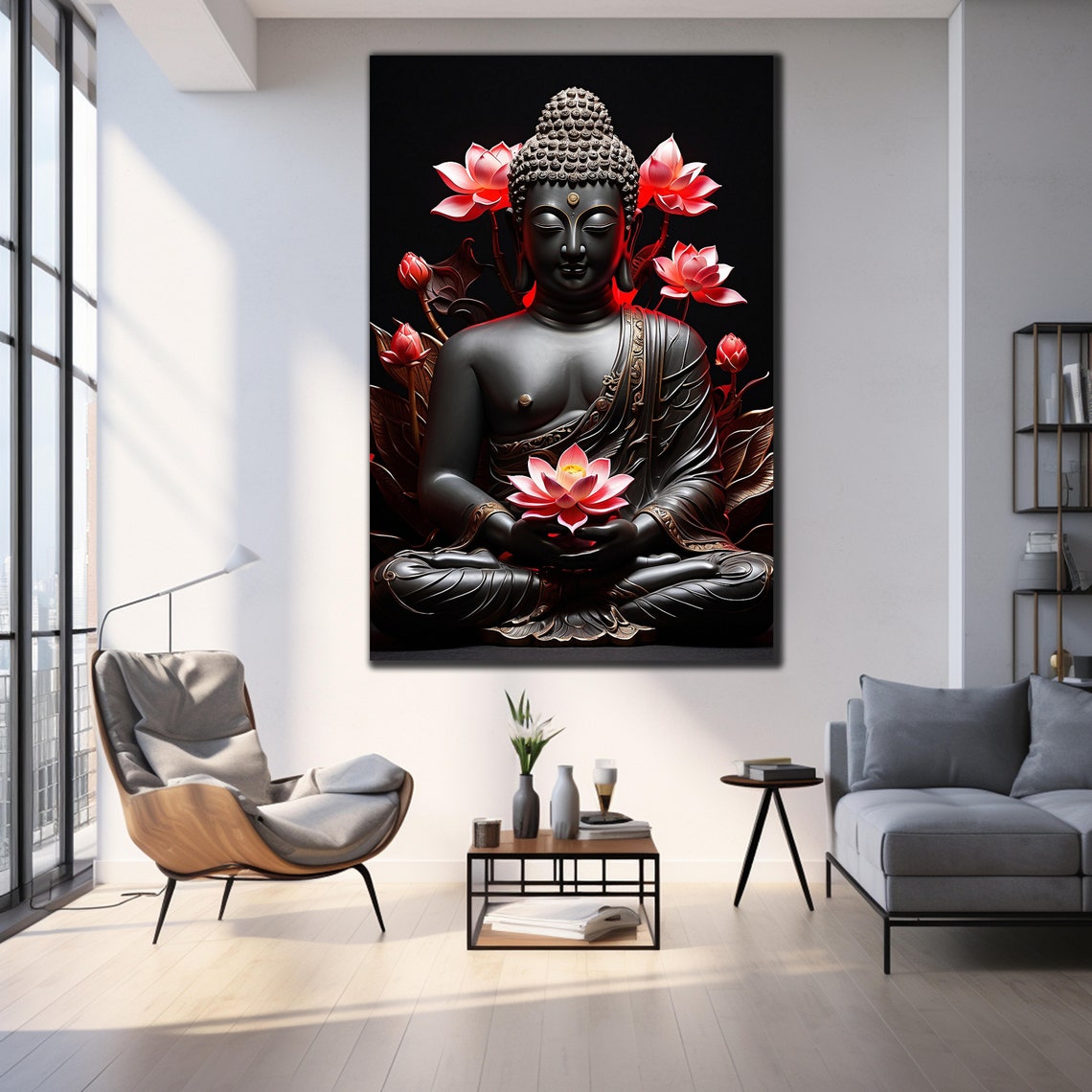 Black Buddha Holding Pink Lotus Dark Background Zen Wall Art Poster - Image 3