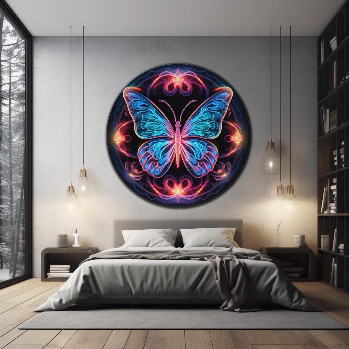 Neon Butterfly Mandala Round Pink Blue Glow Insect Wall Art Poster - Image 3
