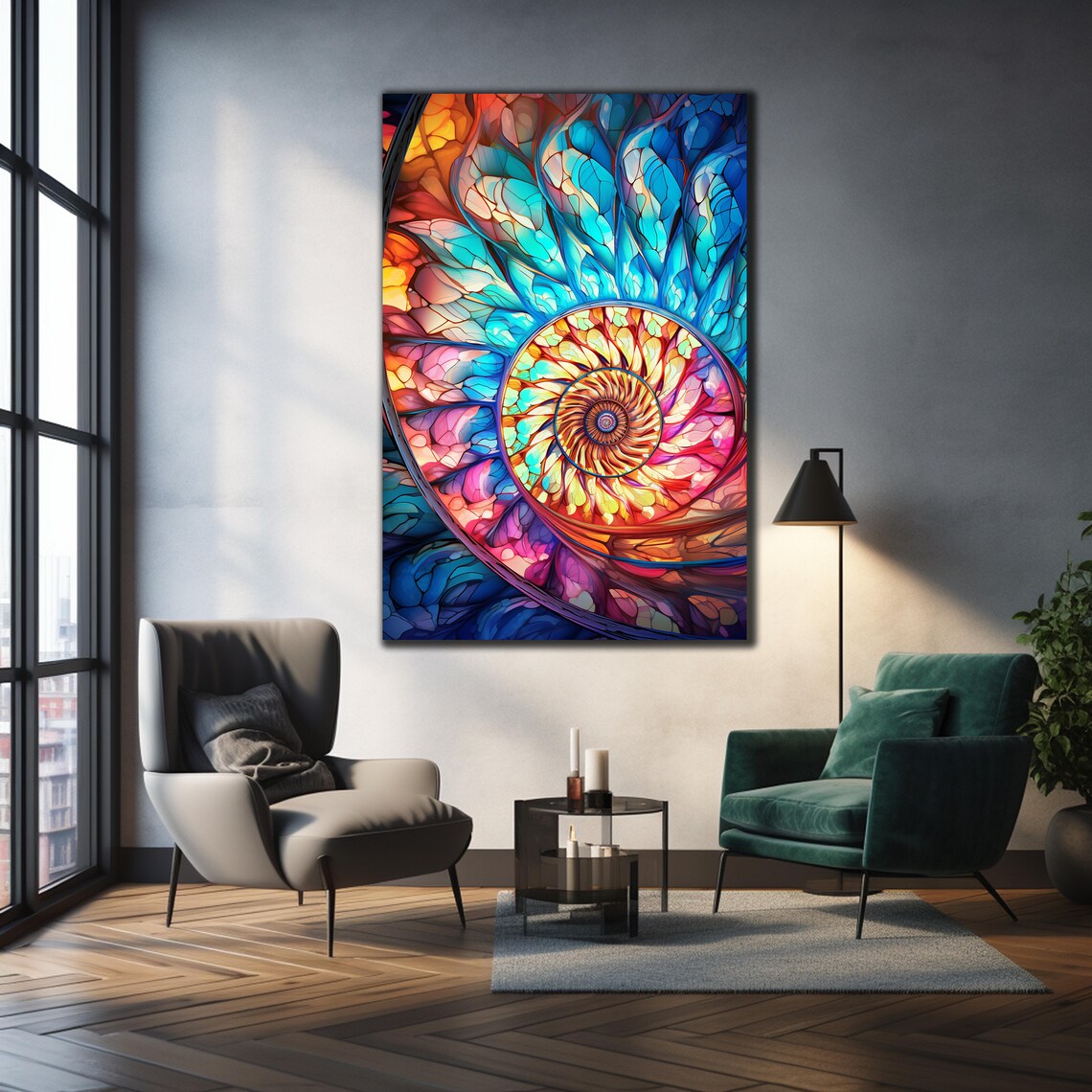 Nautilus Shell Stained Glass Art Turquoise Pink Spiral Ocean Poster - Image 3