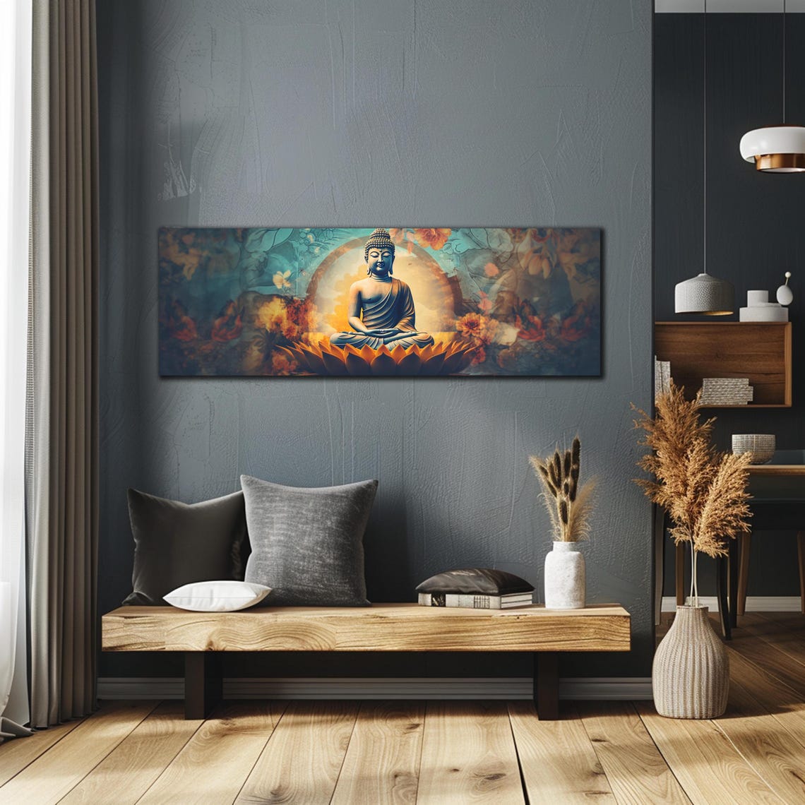 Buddha Golden Lotus Bloom Teal Floral Halo Panoramic Wall Art - Image 2