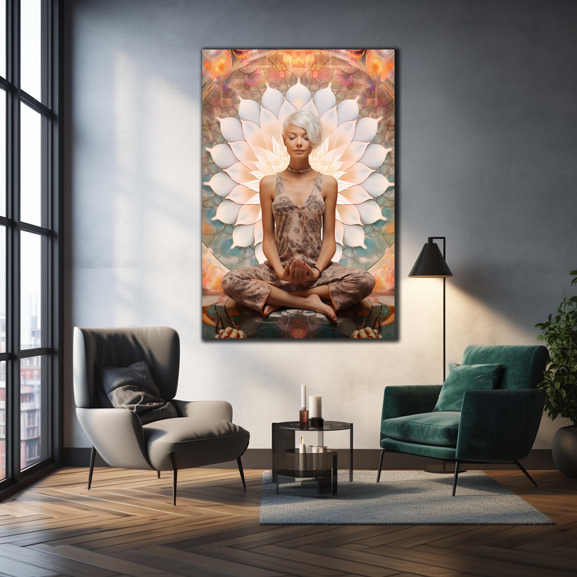 Meditating Woman White Lotus Mandala Yoga Zen Serene Art Wall Poster - Image 2