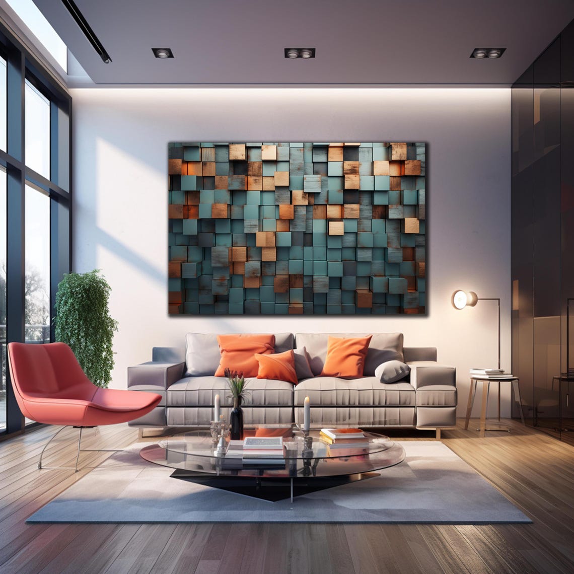 Geometric Wood Cube 3D Teal Copper Abstract Wall Blocks Art Print - Image 4