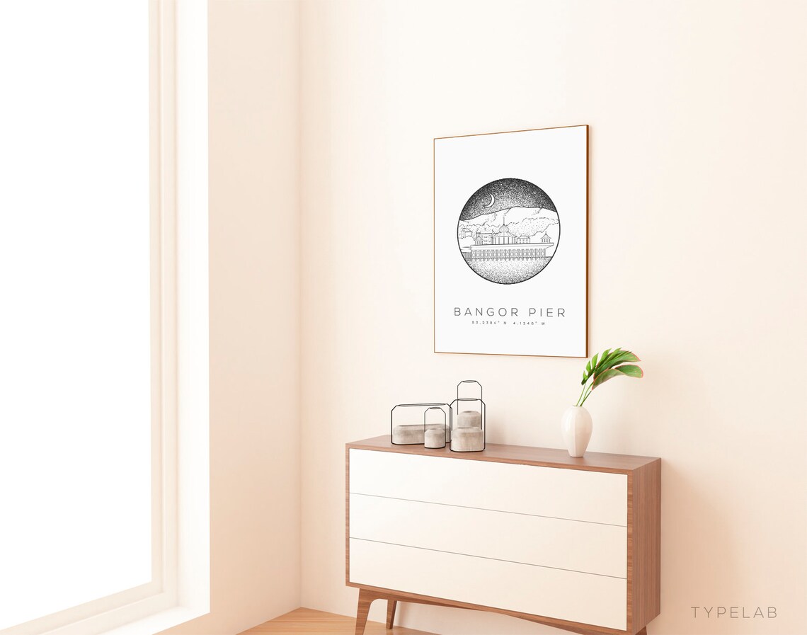 Bangor Pier, Wales Travel Poster, Dotwork Art