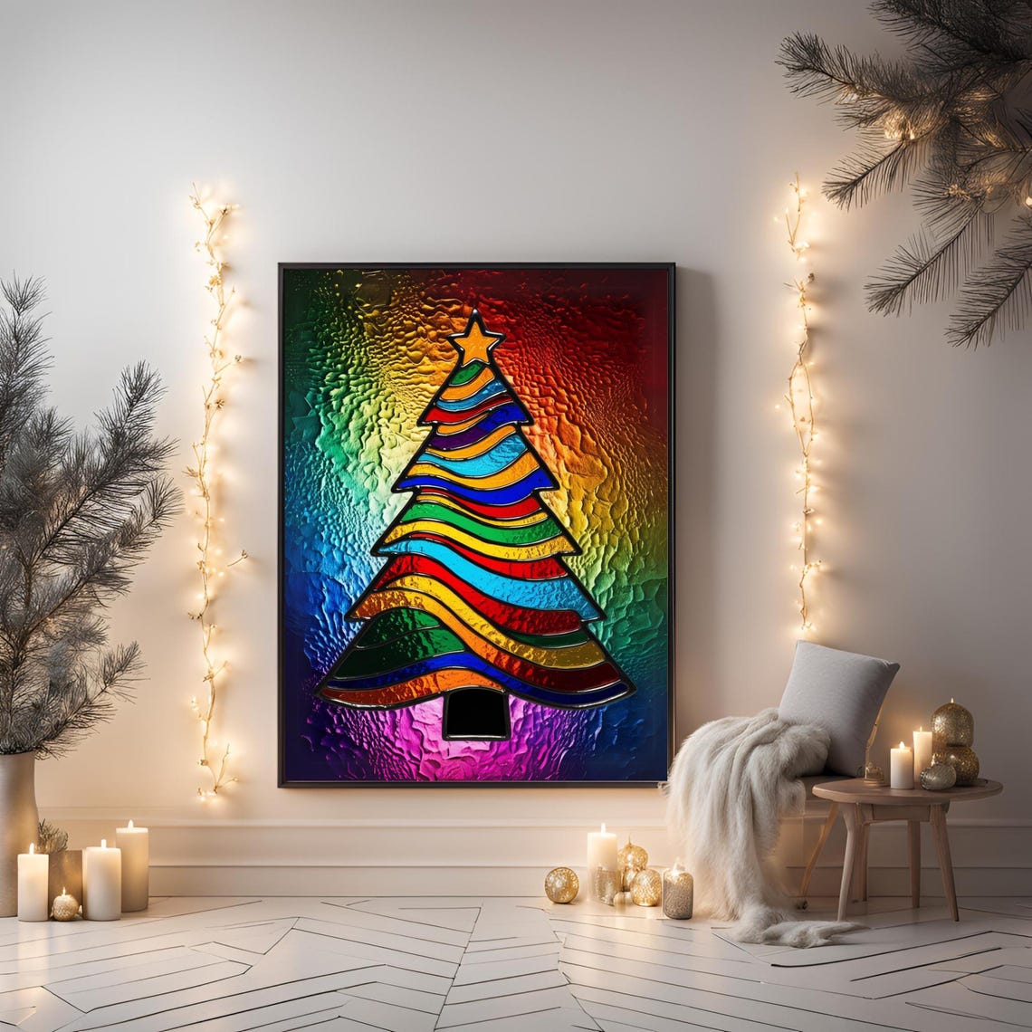Rainbow Stained Glass Christmas Tree Star Bright Holiday Wall Art
