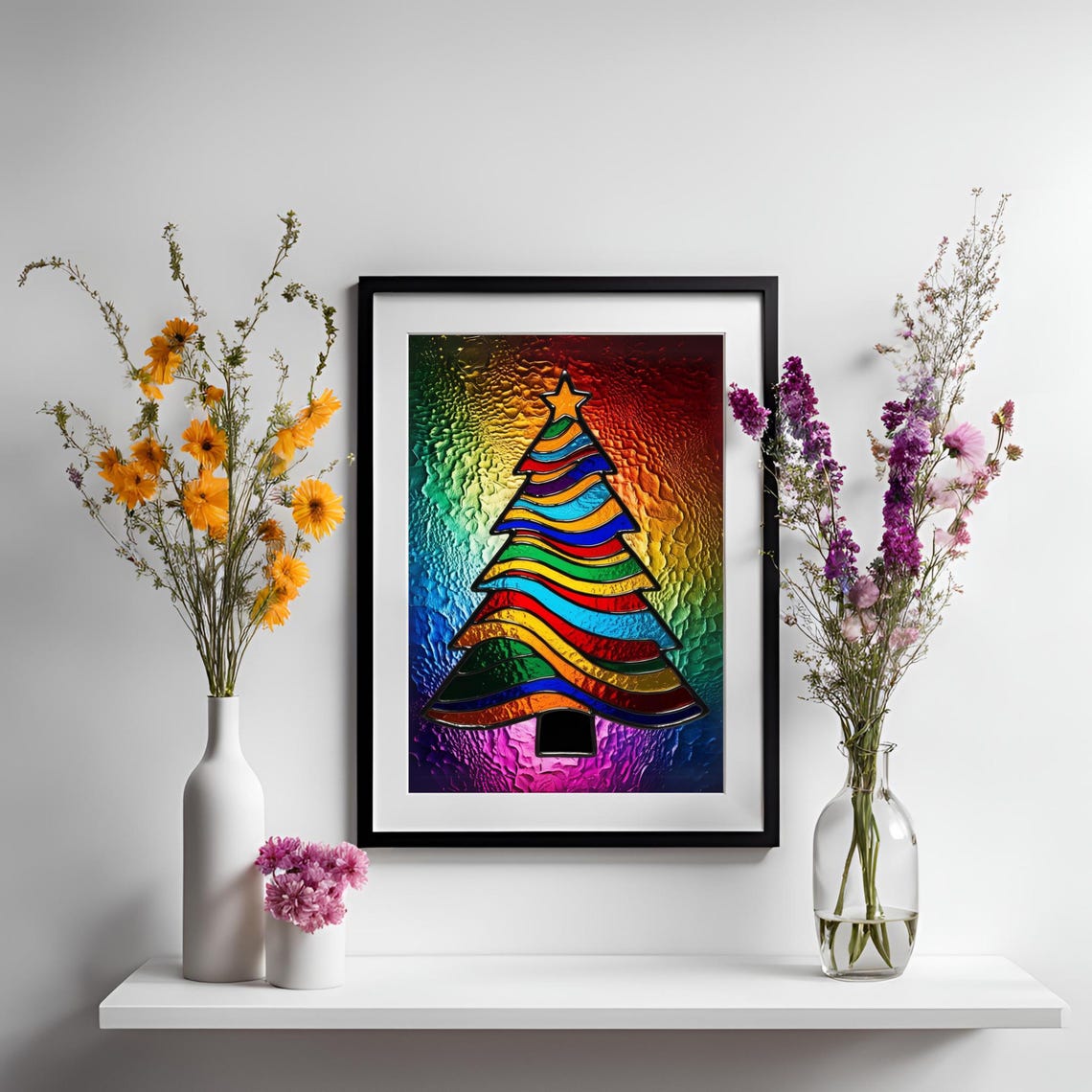 Rainbow Stained Glass Christmas Tree Star Bright Holiday Wall Art - Image 2