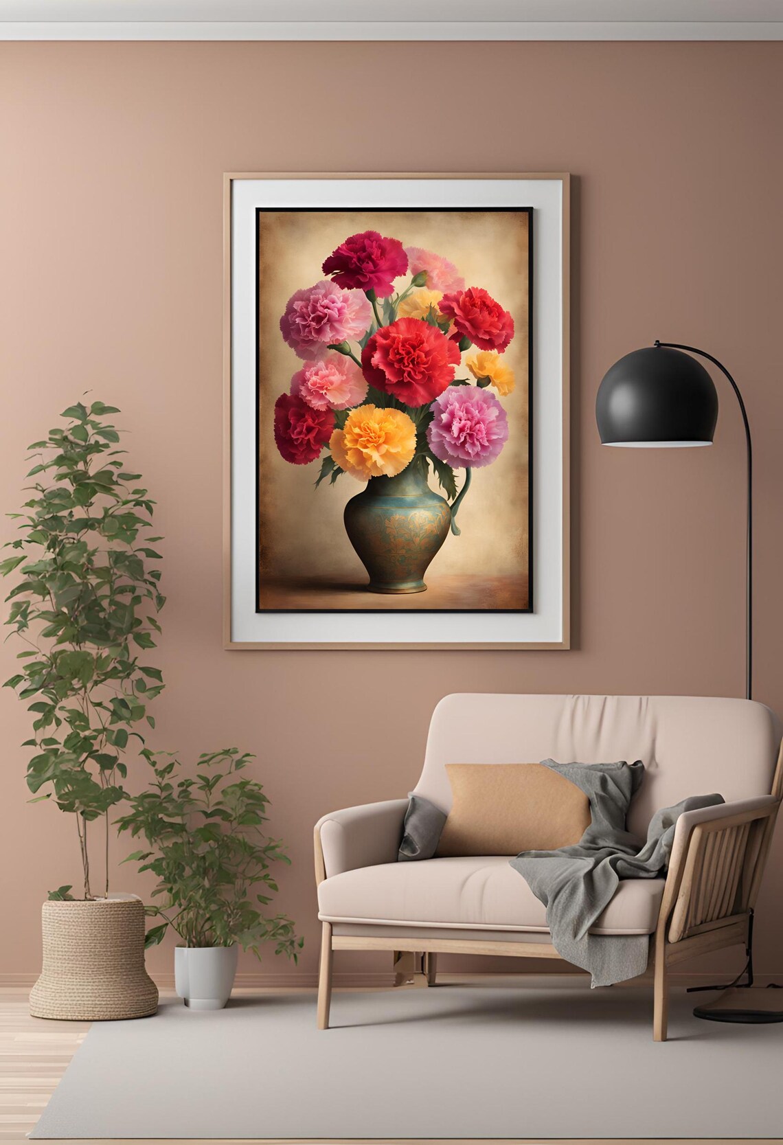 Vintage Carnations Bouquet in Blue Vase Classic Floral Poster