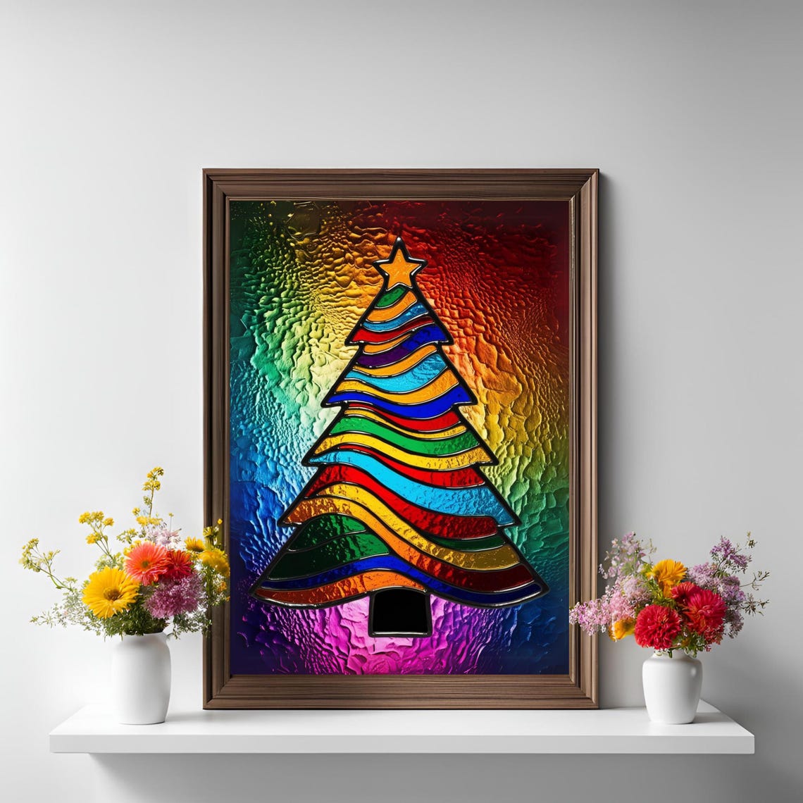 Rainbow Stained Glass Christmas Tree Star Bright Holiday Wall Art - Image 4