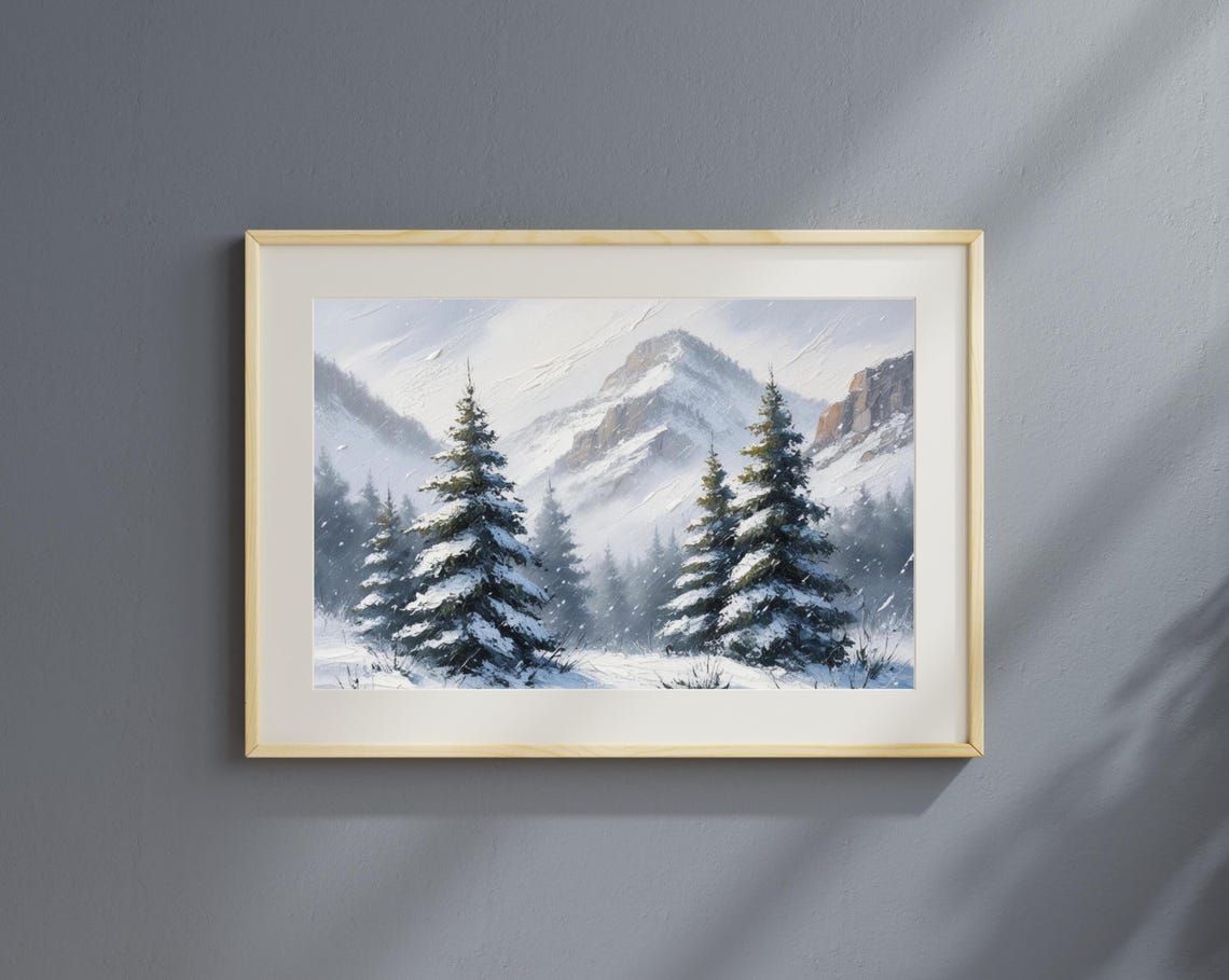 Snowy Winter Pine Trees Misty Mountain Landscape Holiday Poster - Image 2