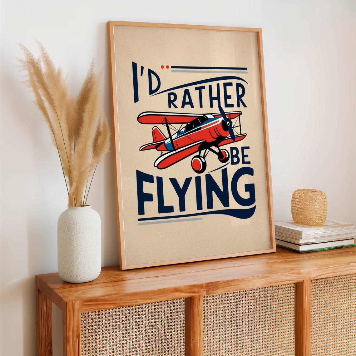 I Would Rather Be Flying Retro Red Biplane Aviation Quote Poster - Image 2