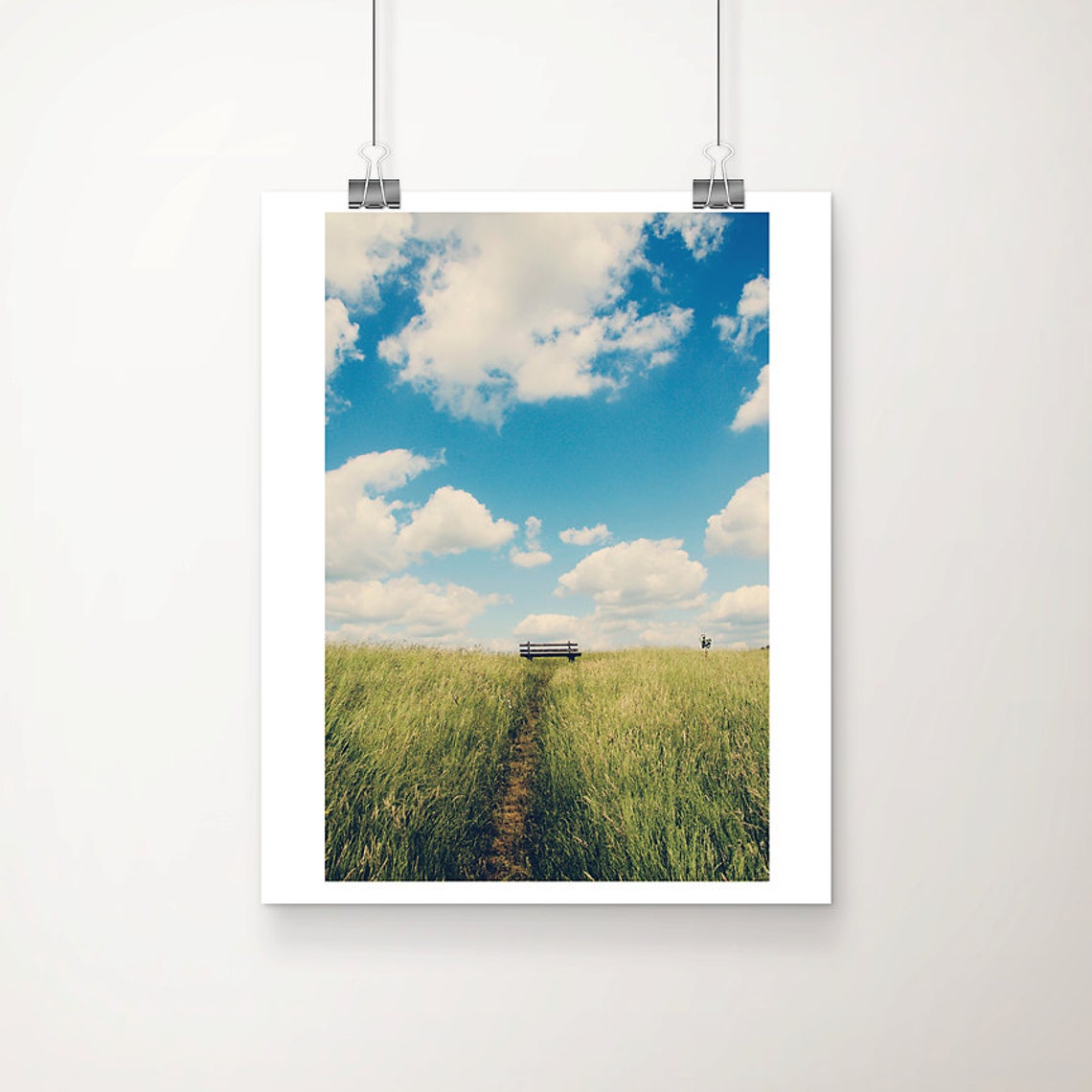 Blue Sky Clouds Over Green Meadow Path Minimalist Nature Poster