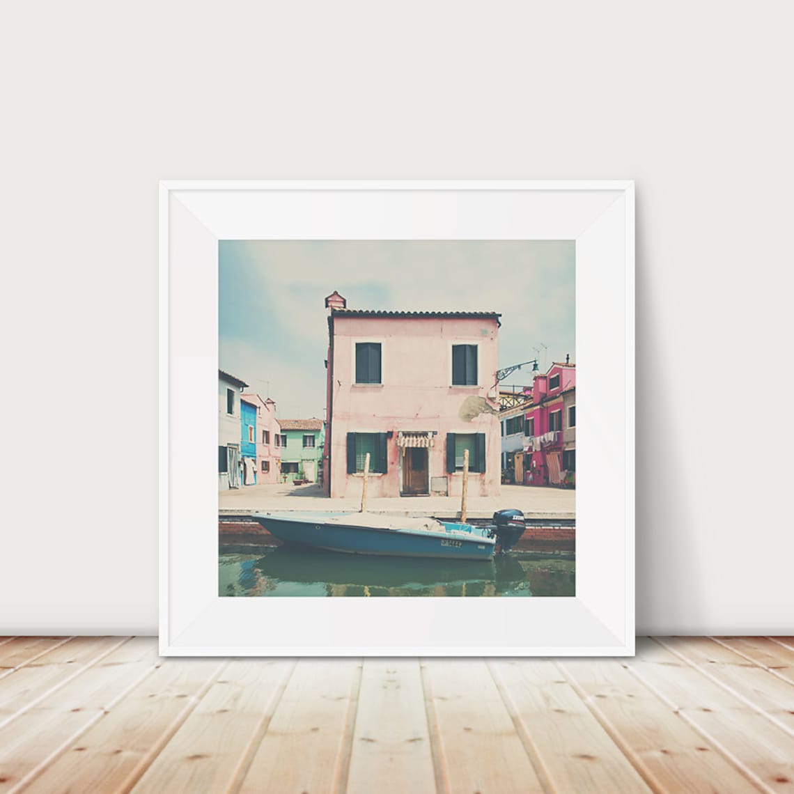 Charming Pastel Canal Houses Photography Print with a Colorful Boat
