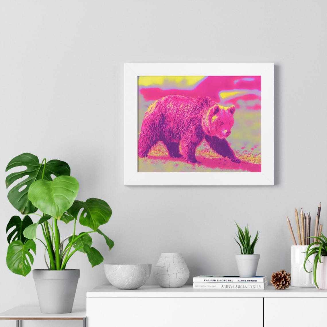 Wild Brown Bear Walking in Neon Pink and Yellow Framed Poster - Image 3