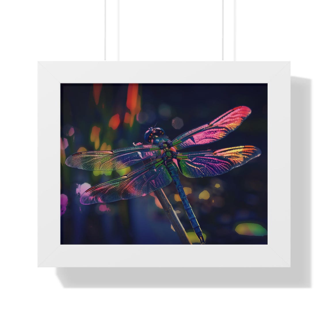 Glowing Iridescent Rainbow Dragonfly on Dark Background Poster