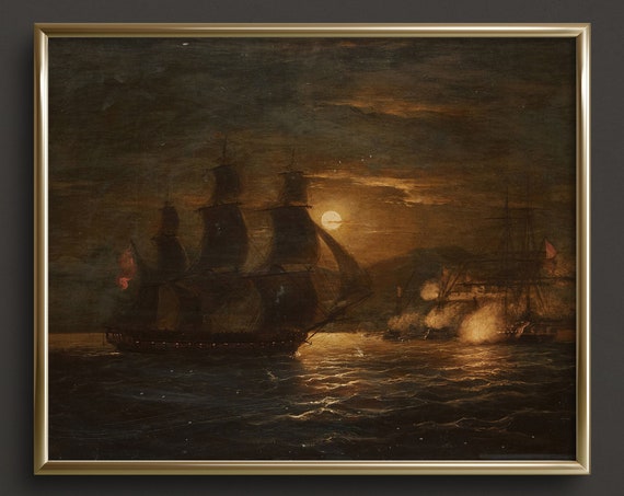 Ships In The Moonlight Fine Art Print Moody Seascape Ship Painting Moody Wall Art Dark Academia Art Prints Dark Art Print A32