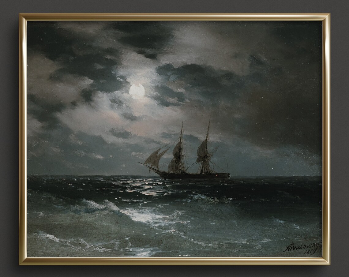 Moonlit Sailing Ship Stormy Night Sea Dramatic Vintage Art Print