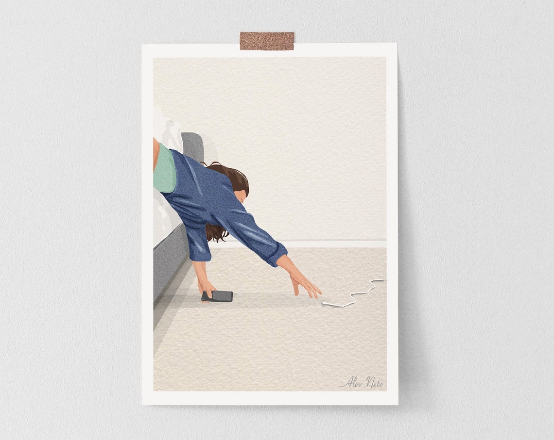 Woman Reaching for Her Phone From Bed in a Funny Sleepy Poster