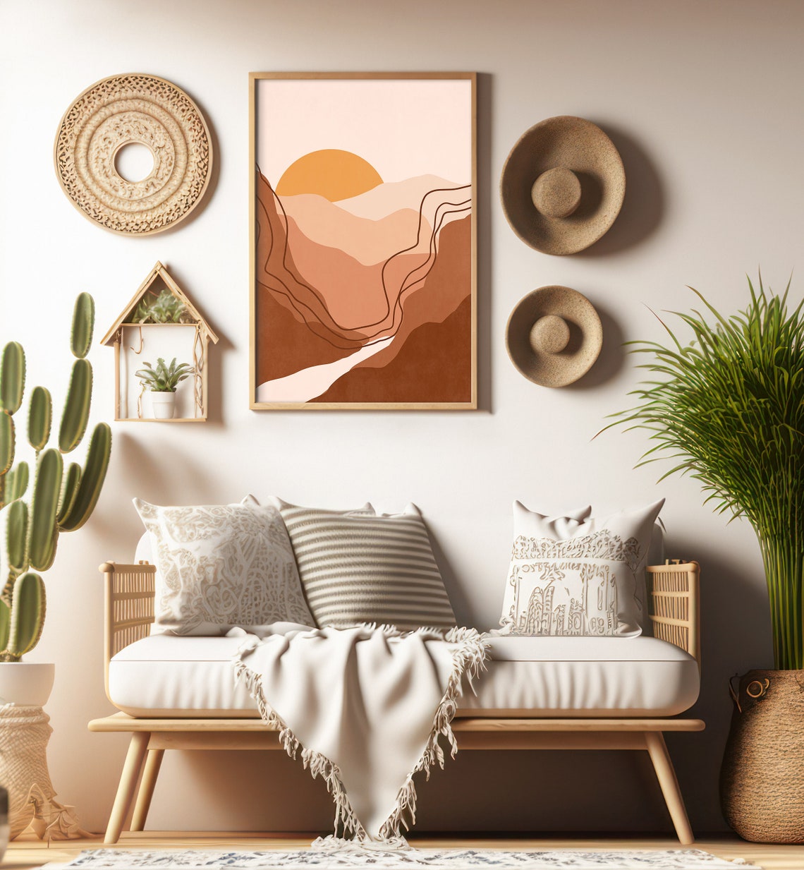 Abstract Mountain Sunrise Illustration Neutral Toned Wall Art Landscape Art Print Terracotta Mountains Wall Art - Image 2