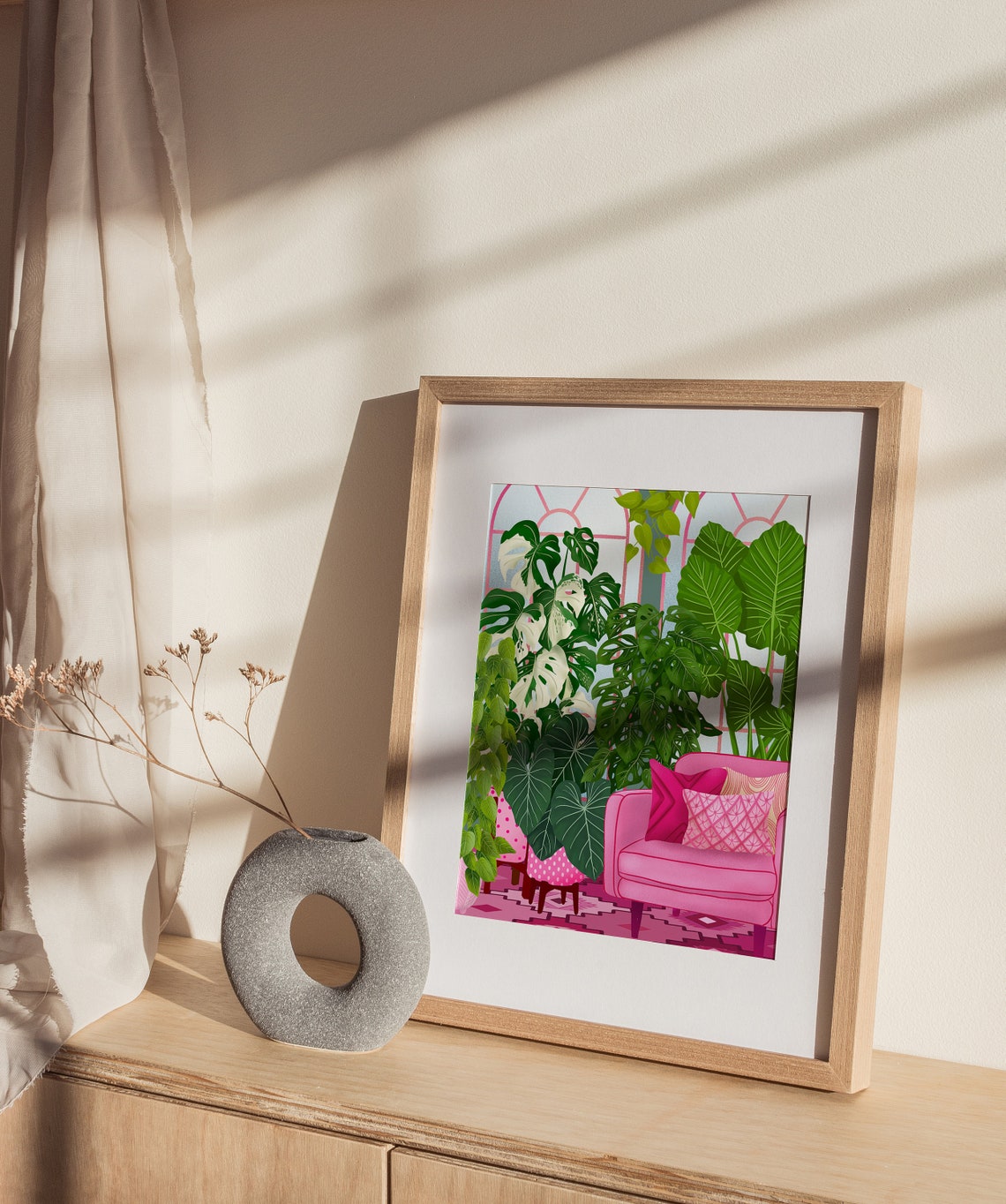 Pink Greenhouse Room With Loveseat And Tropical Plants Art Poster - Image 2