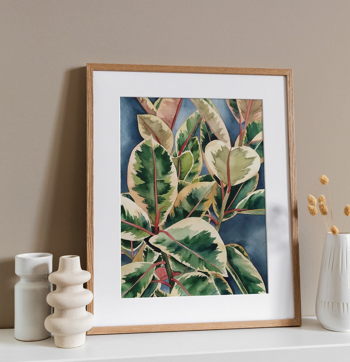 Variegated Ficus Elastica Leaves On Navy Blue Watercolor Poster - Image 2