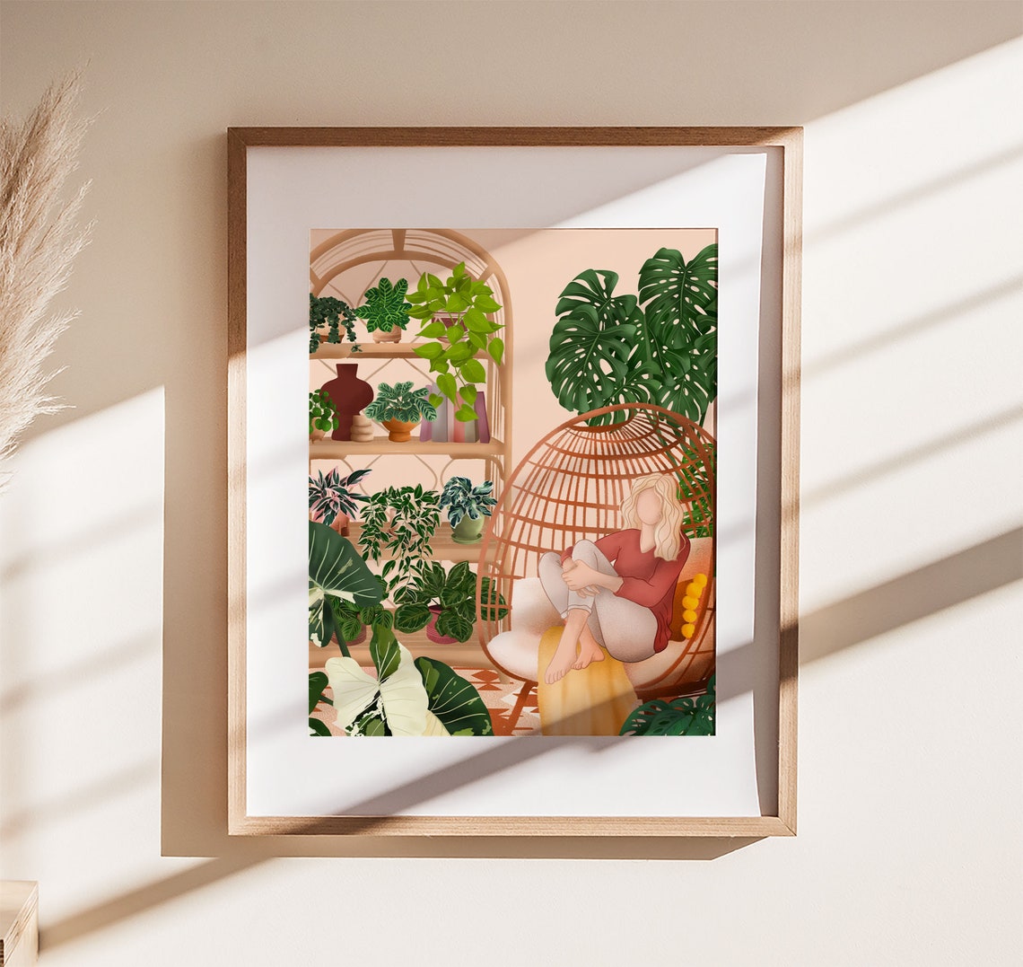 Plant Lady Relaxing in a Rattan Egg Chair Surrounded by Plants Poster
