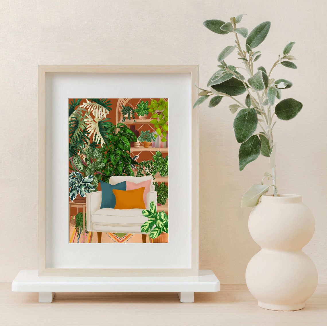 Cream Armchair with Colorful Cushions in a Lush Plant Room Poster - Image 2