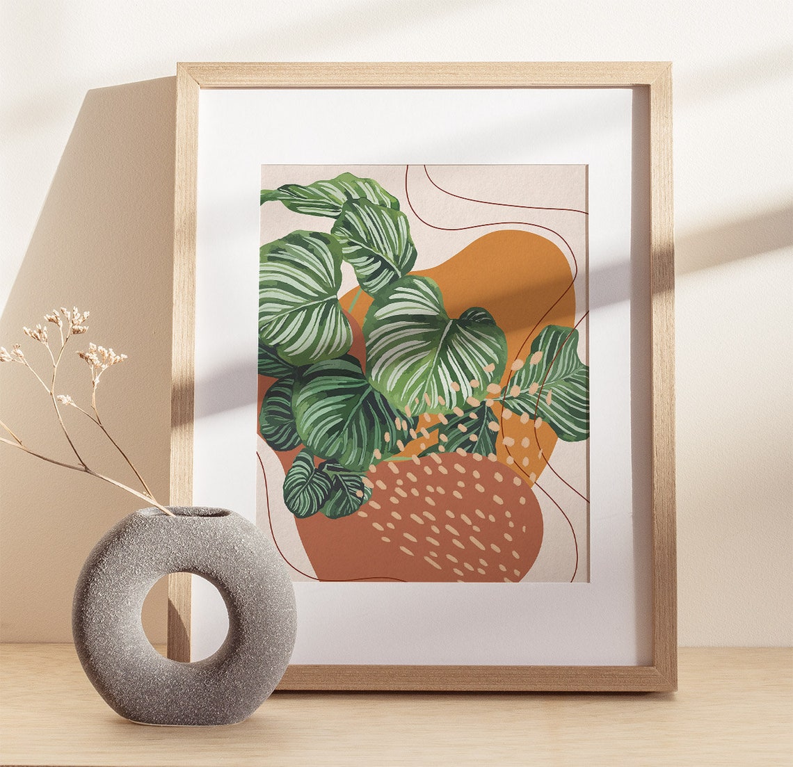 Striped Calathea Leaves Terracotta Dotted Abstract Boho Poster