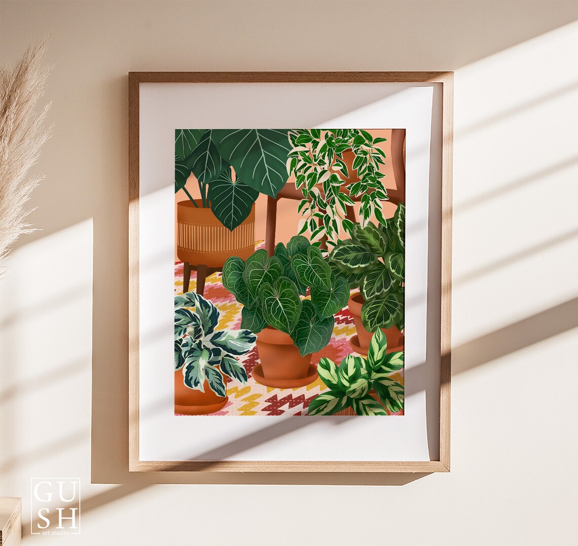 Colorful Indoor Jungle Houseplant Illustration on Geometric Rug Poster - Image 3