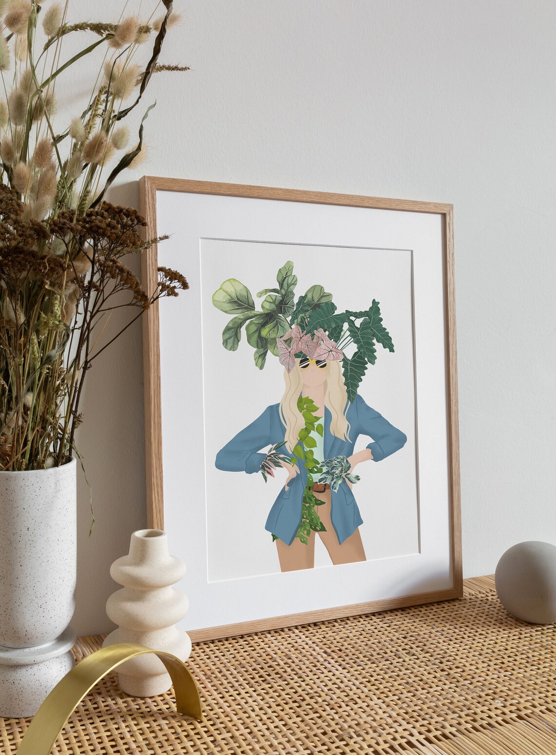 Blonde Woman Blue Blazer Pink Bow Monstera Head Fashion Poster - Image 3