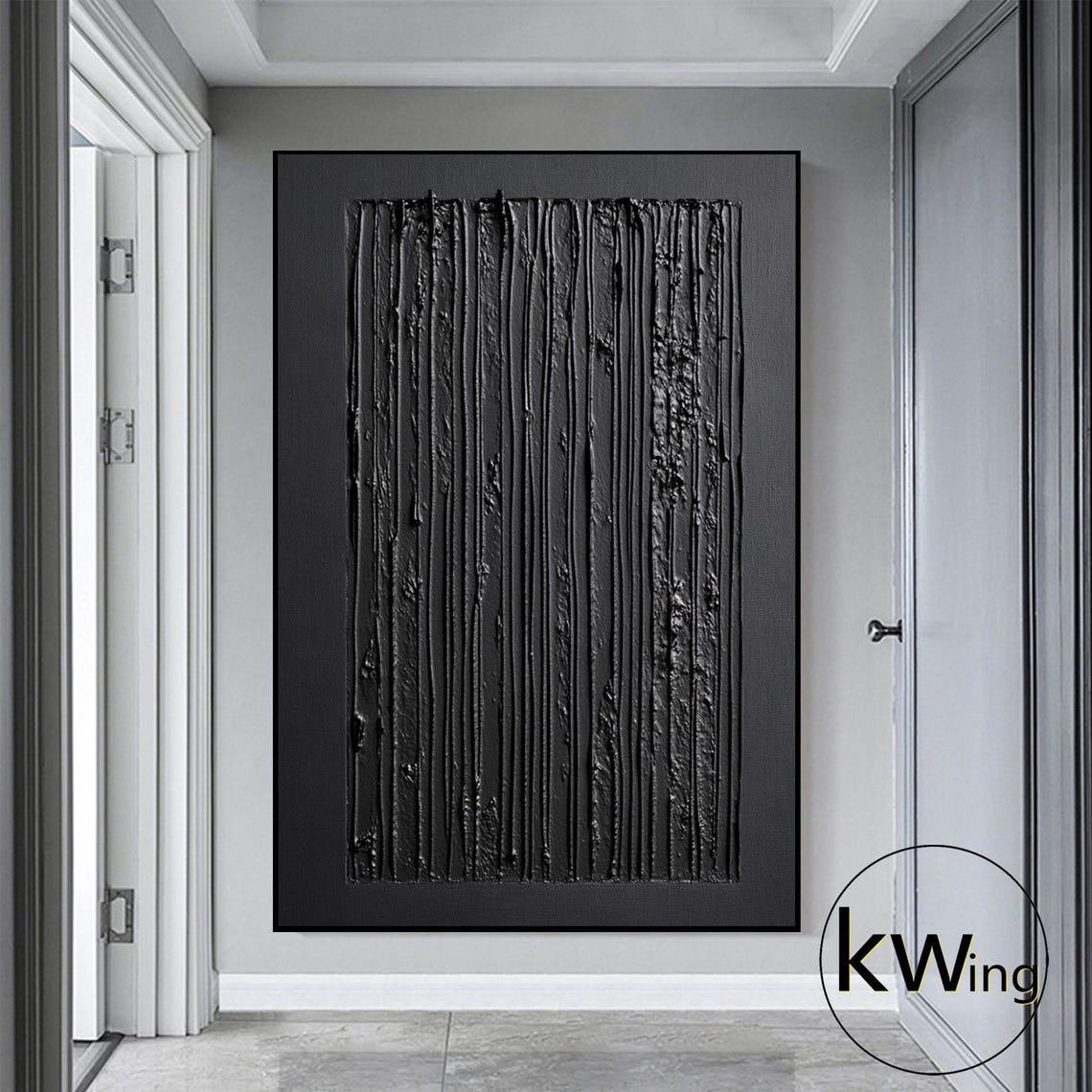 Black Vertical Drip 3D Texture Abstract Painting Moody Dark Art Poster - Image 2