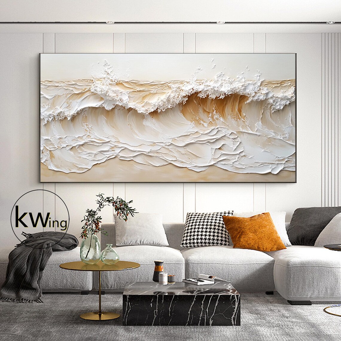 Beige Gold Crashing Ocean Wave 3D Texture Painting Wall Art Poster - Image 2