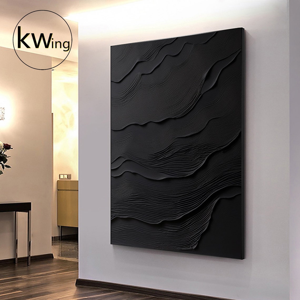 Black Layered Wave 3D Texture Abstract Painting Dark Minimalist Poster - Image 4