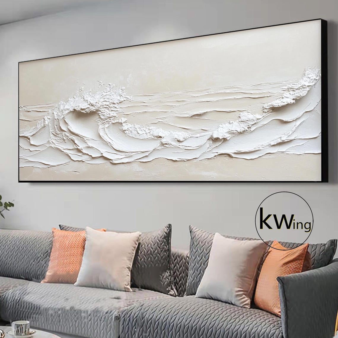 White Minimalist Ocean Wave Crest 3D Texture Painting Panoramic Poster - Image 3