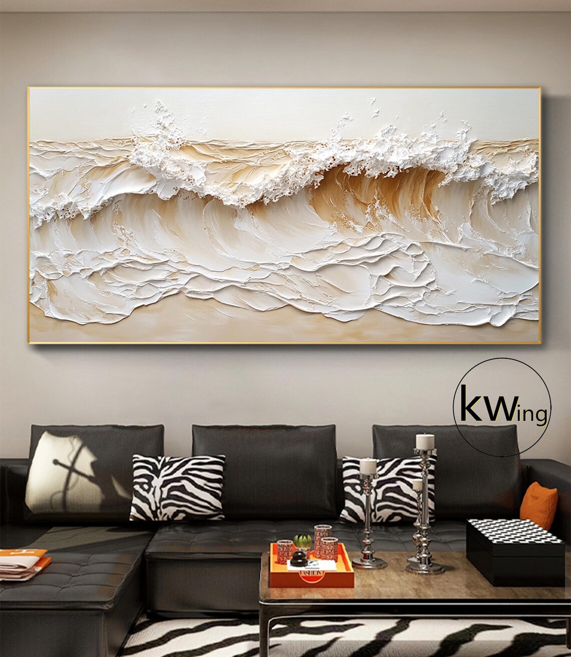 Beige Gold Crashing Ocean Wave 3D Texture Painting Wall Art Poster - Image 5